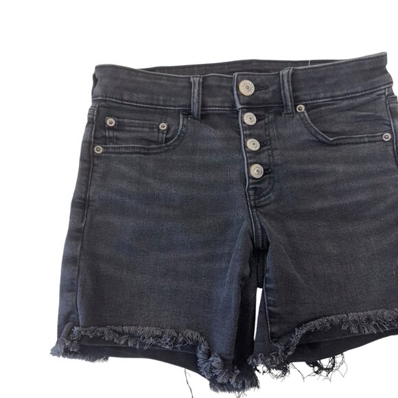 American Eagle Black Denim Mid Rise Distressed Shorts Women SZ 2 Button Fly - Picture 2 of 12